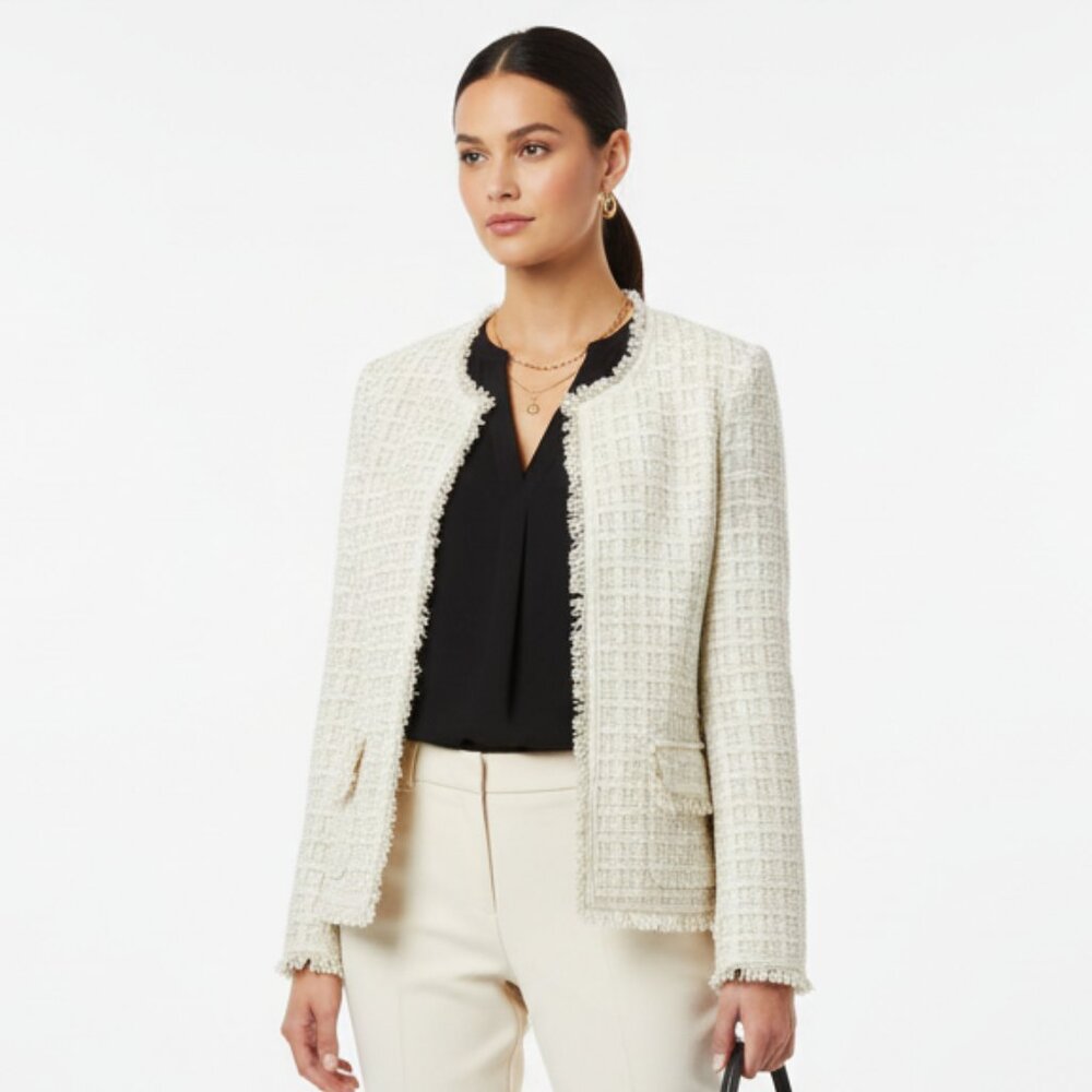CHICO’S Ivory & Tan Woven Open Front Collarless Tweed Jacket 8
